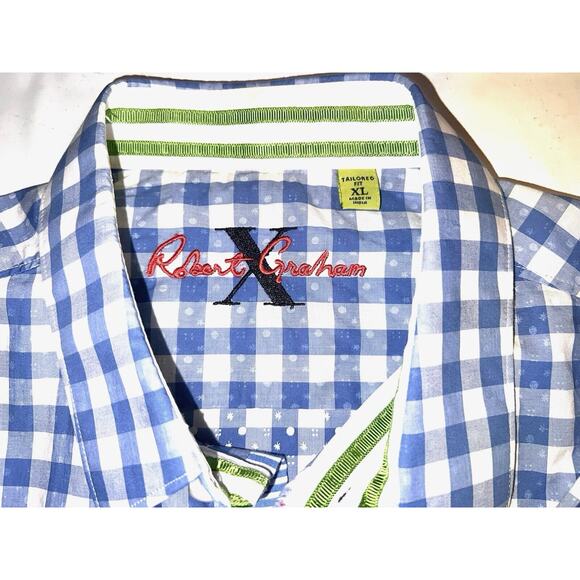 ROBERT GRAHAM X BLUE WHITE GINGHAM CHECK S/S SHIRT ROLL CUFFS XL TAILORED FIT - Picture 4 of 5